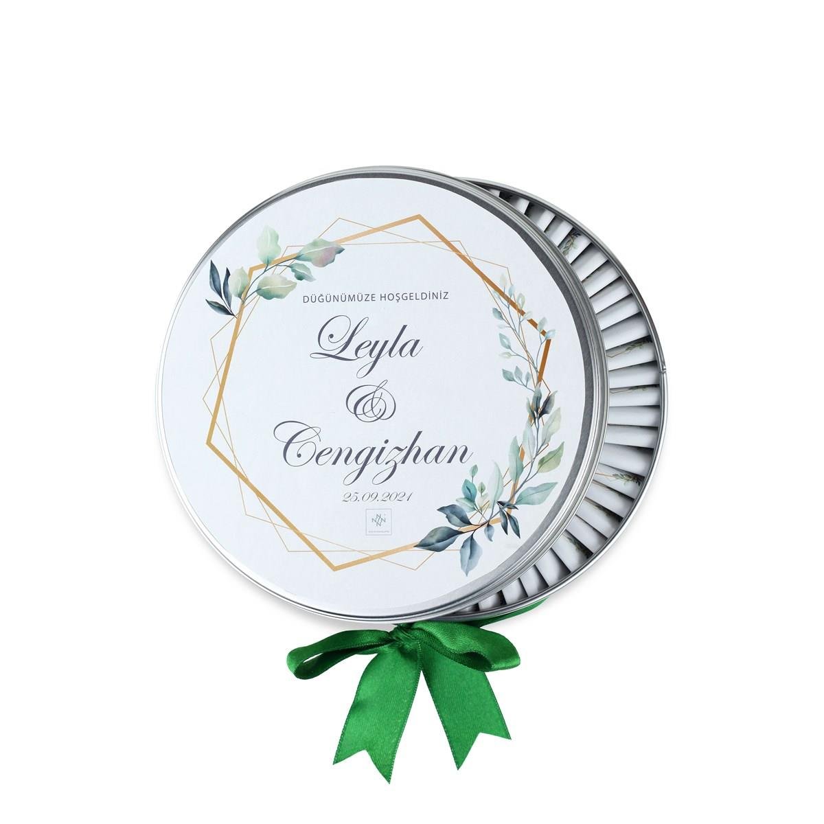 Metal Kutu Söz Nişan Çikolatası Beyaz Yeşil Gold( (80 Adet Napoliten Çikolata)