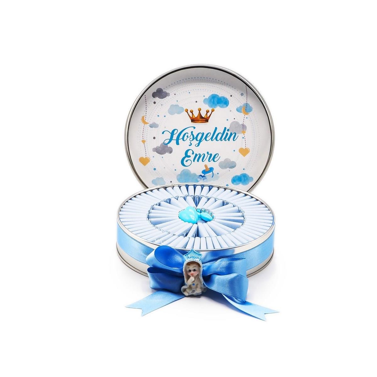 Nin Erkek Bebek Çikolatası Metal Yuvarlak Kutu Kral Tacı Baskılı (80 Adet Napoliten Çikolata)
