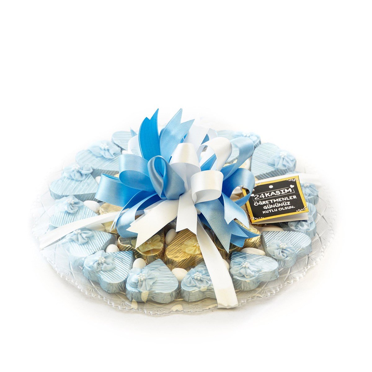 NIN Öğretmenler Günü Mavi Çiçek Dekorlu Kalp Çikolata