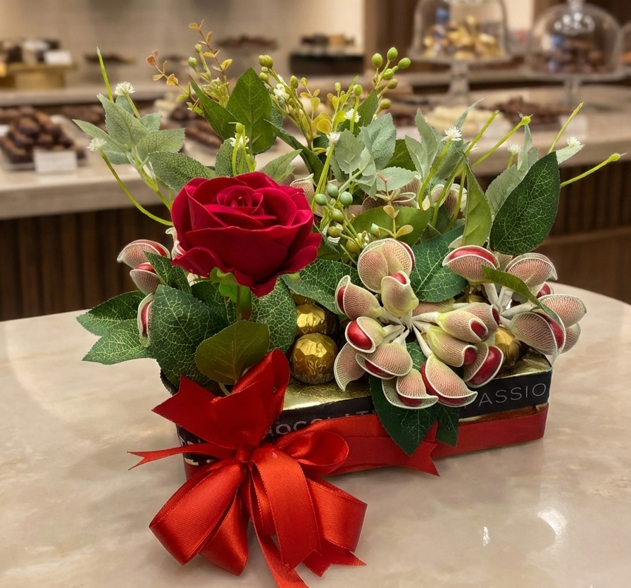 Özel Günler İçin Dekoratif Yapay Çiçekli Spesiyal Çikolata ve Lüks Draje Aranjmanı
