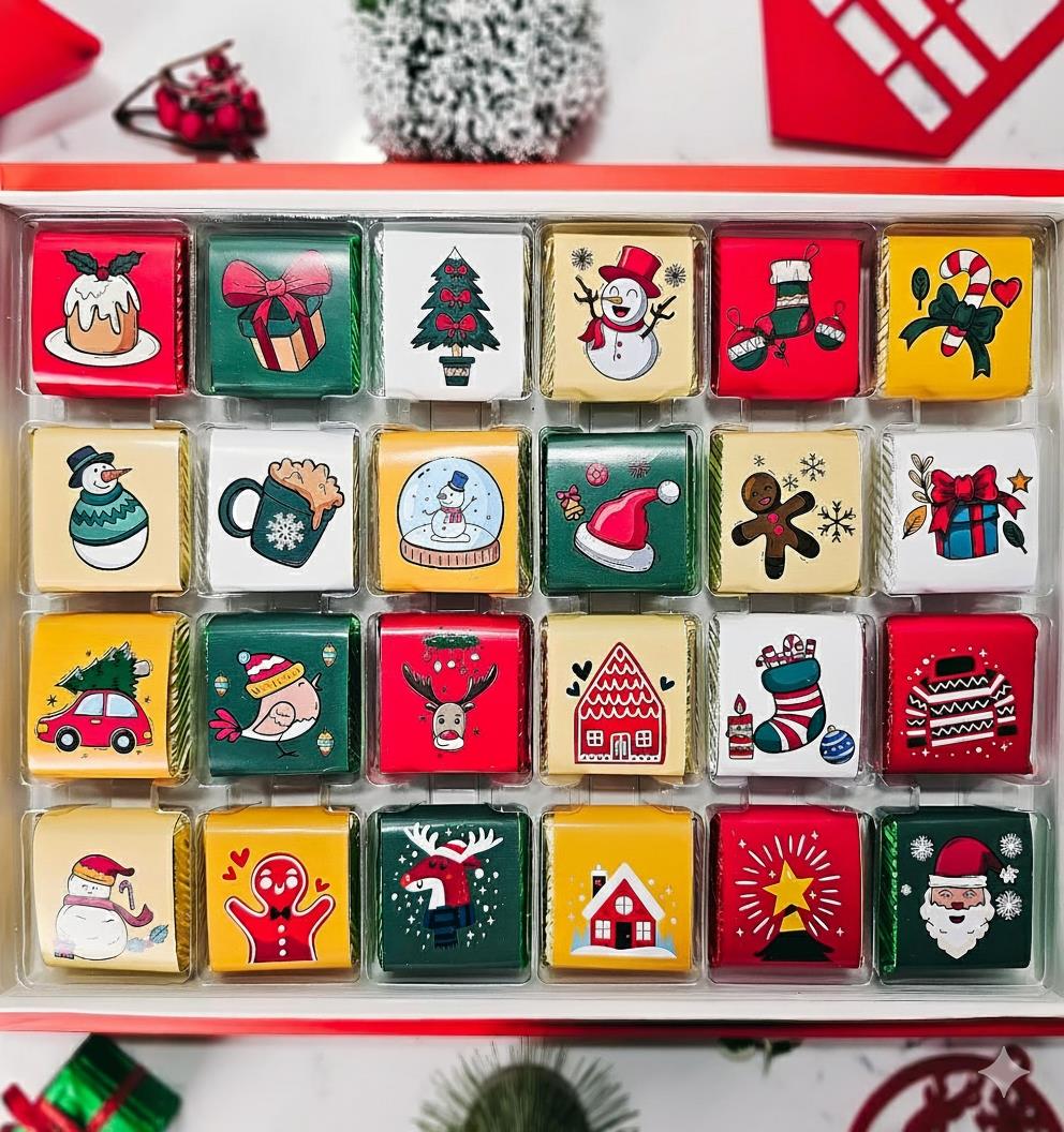 Yılbaşı Temalı Özel Tasarım 24'lü Antep Fıstıklı Sütlü Çikolata