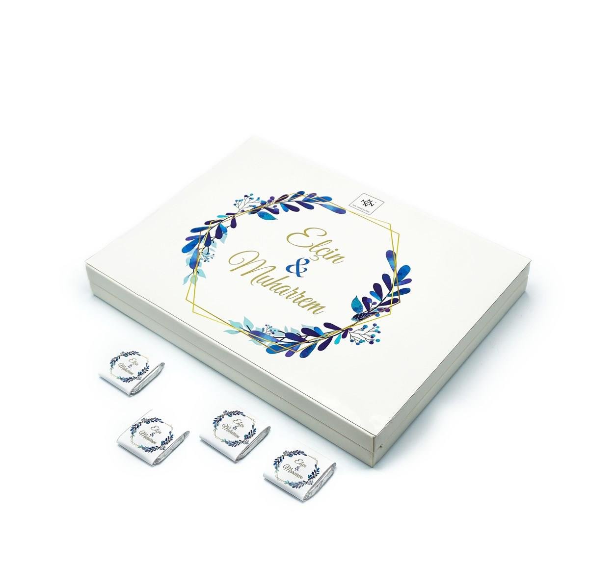 İsme Özel Söz Nişan Çikolatası 72 Adet Madlen Mavi Yapraklar