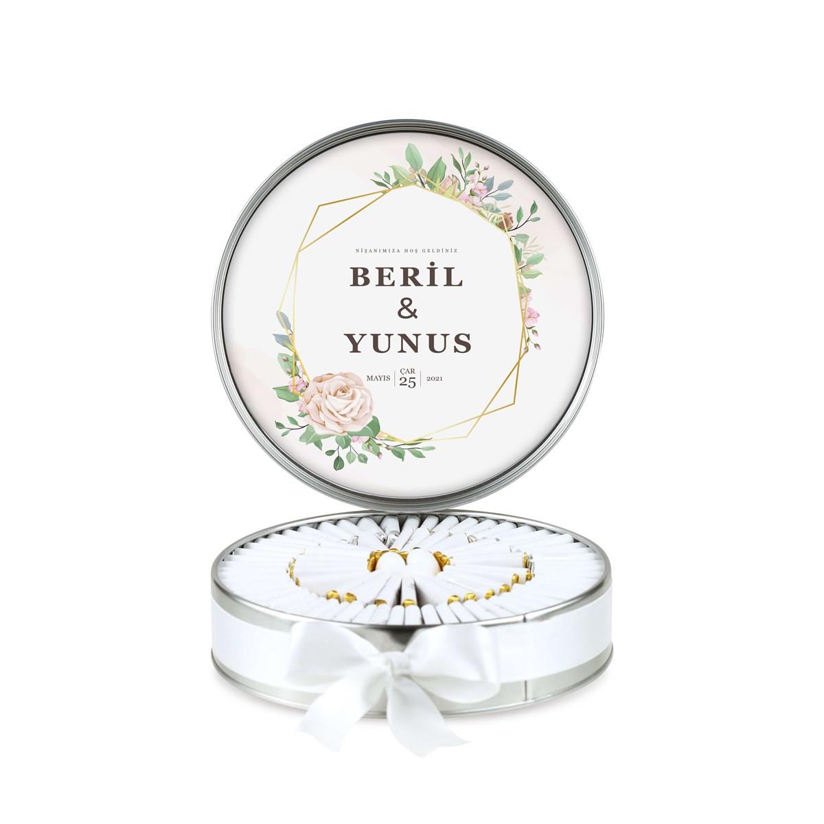 Metal Kutu Söz Nişan Çikolatası Çiçek Desenli ( (80 Adet Napoliten Çikolata)