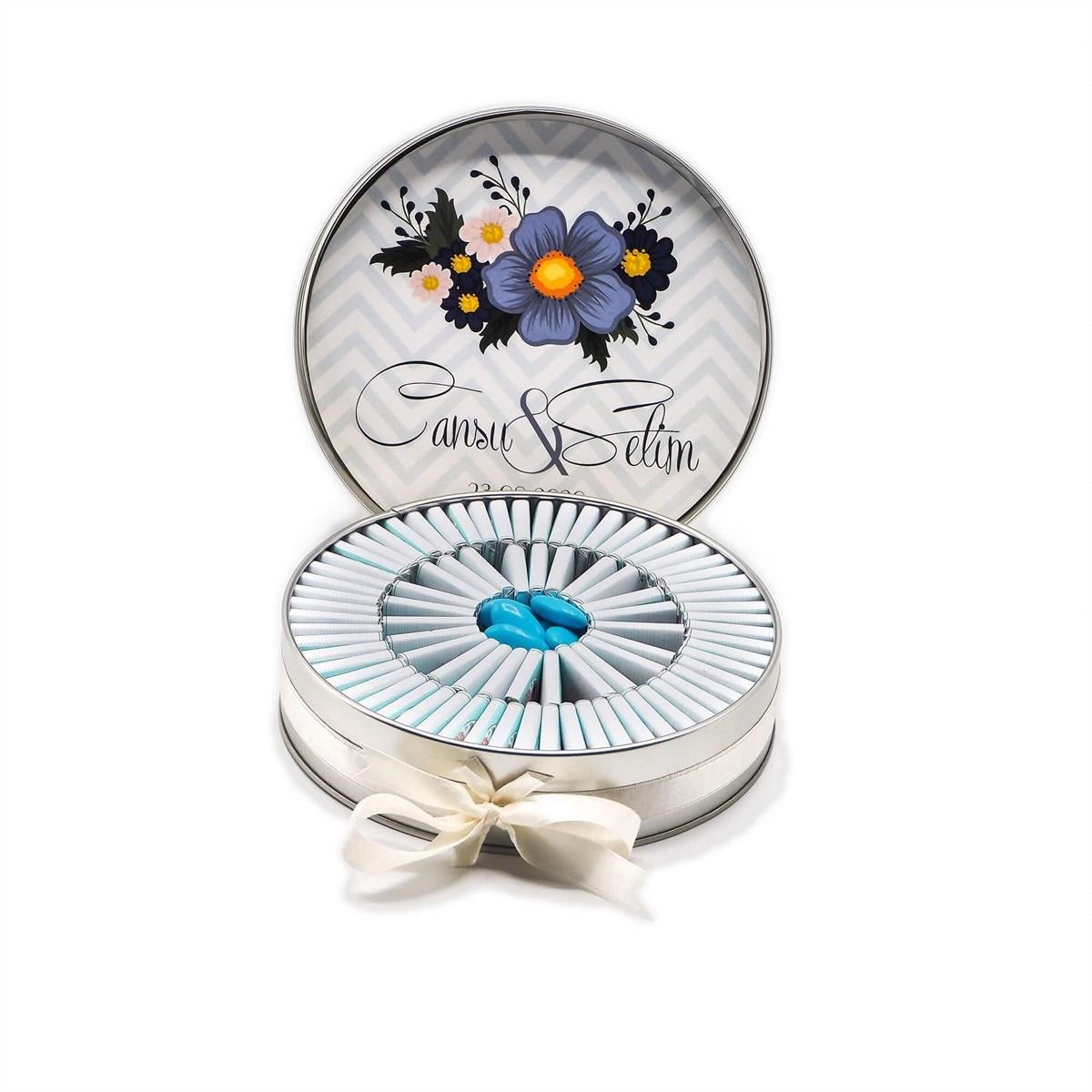 Nin Söz ve Nişan Çikolatası Metal Yuvarlak Kutu Çiçek Baskılı (80 Adet Napoliten Çikolata)