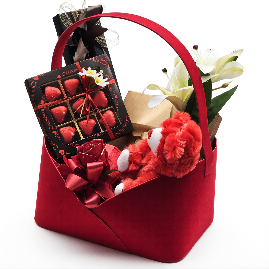 Sevgililer Günü Romantik Premium Set - Özel Ayıcık, Çiçek ve Çikolata Hediye Kutusu