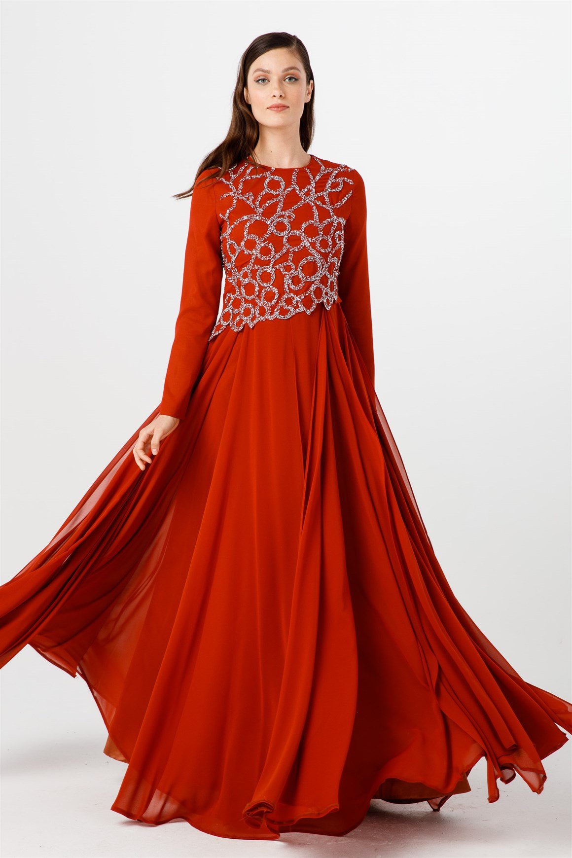 Bakır Asimetrik Taş Detaylı, Şifon Abiye Elbise