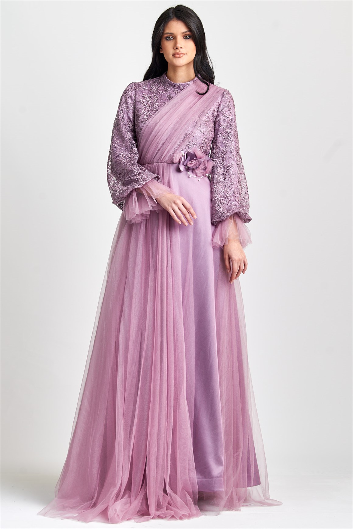 Lila  Kolu Dantel Çapraz Tül Detaylı Abiye Elbise