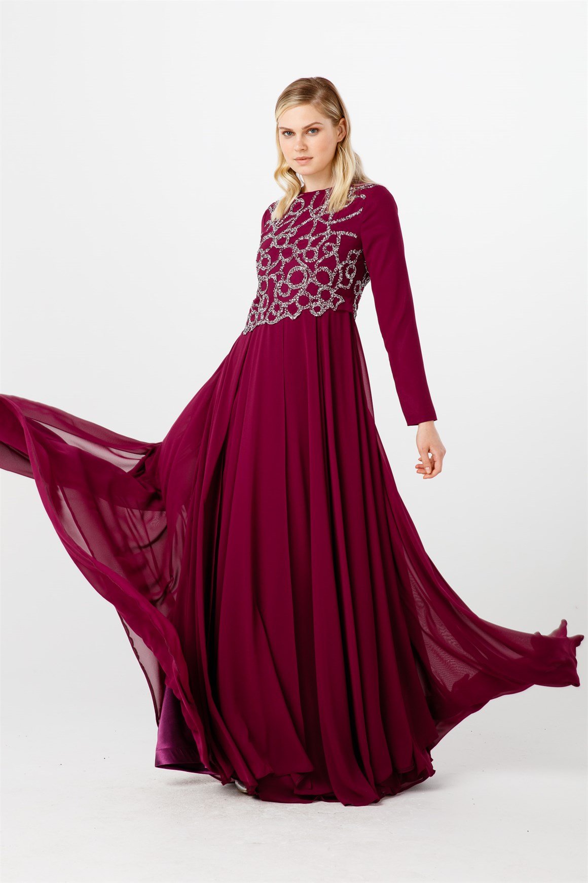 Mürdüm Asimetrik Taş Detaylı, Şifon Abiye Elbise