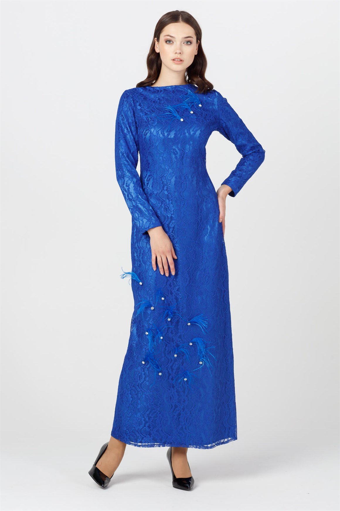 Sax - Tüylü Taşlı Dantel Abiye Elbise