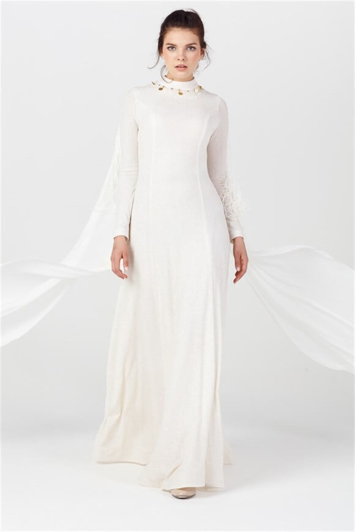 Sırtı Püsküllü Abiye Elbise  Ekru