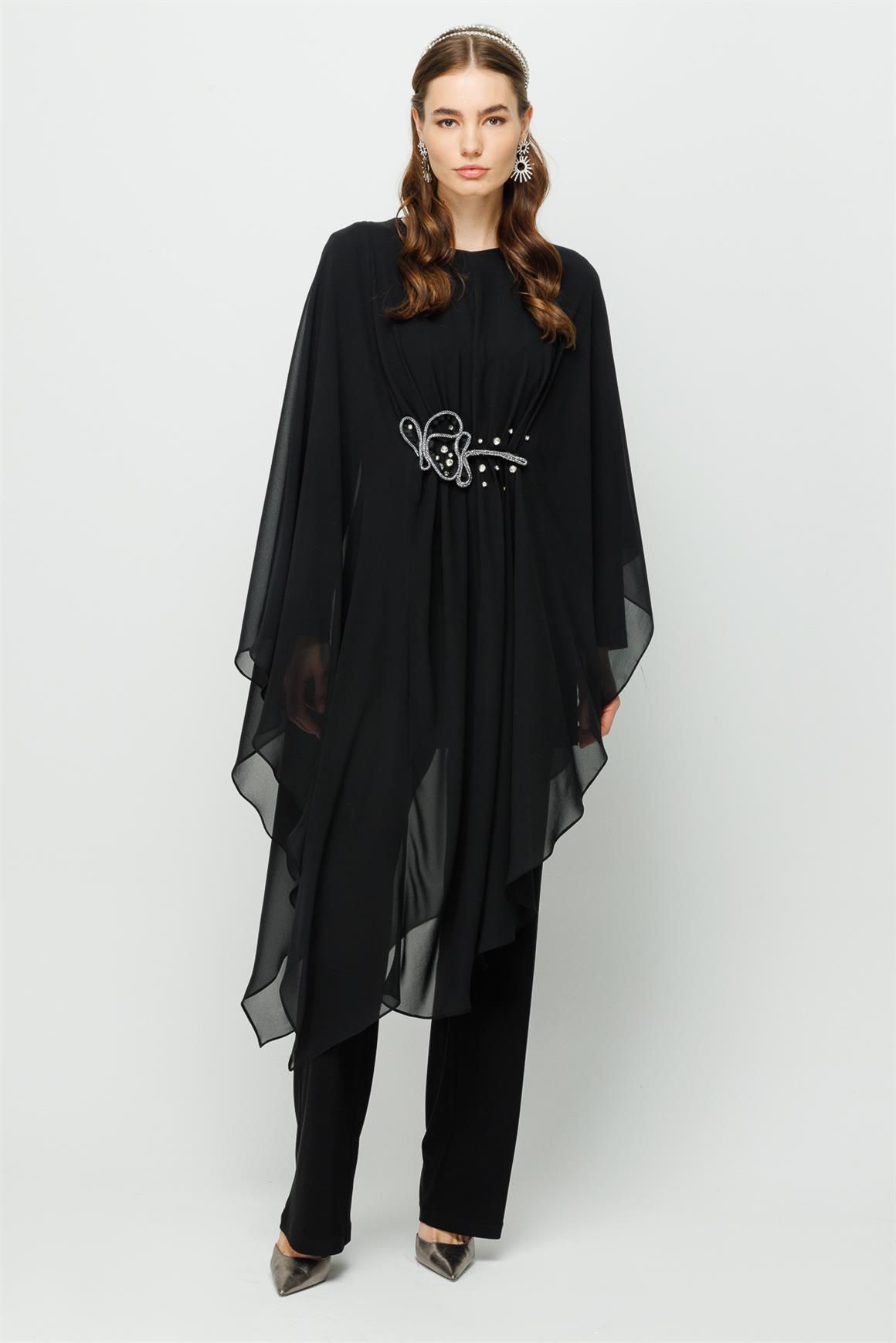 Beli Taş ve Şerit Detaylı Sandy BluzPantolon Üstü Şifon Tunik Takım  Siyah