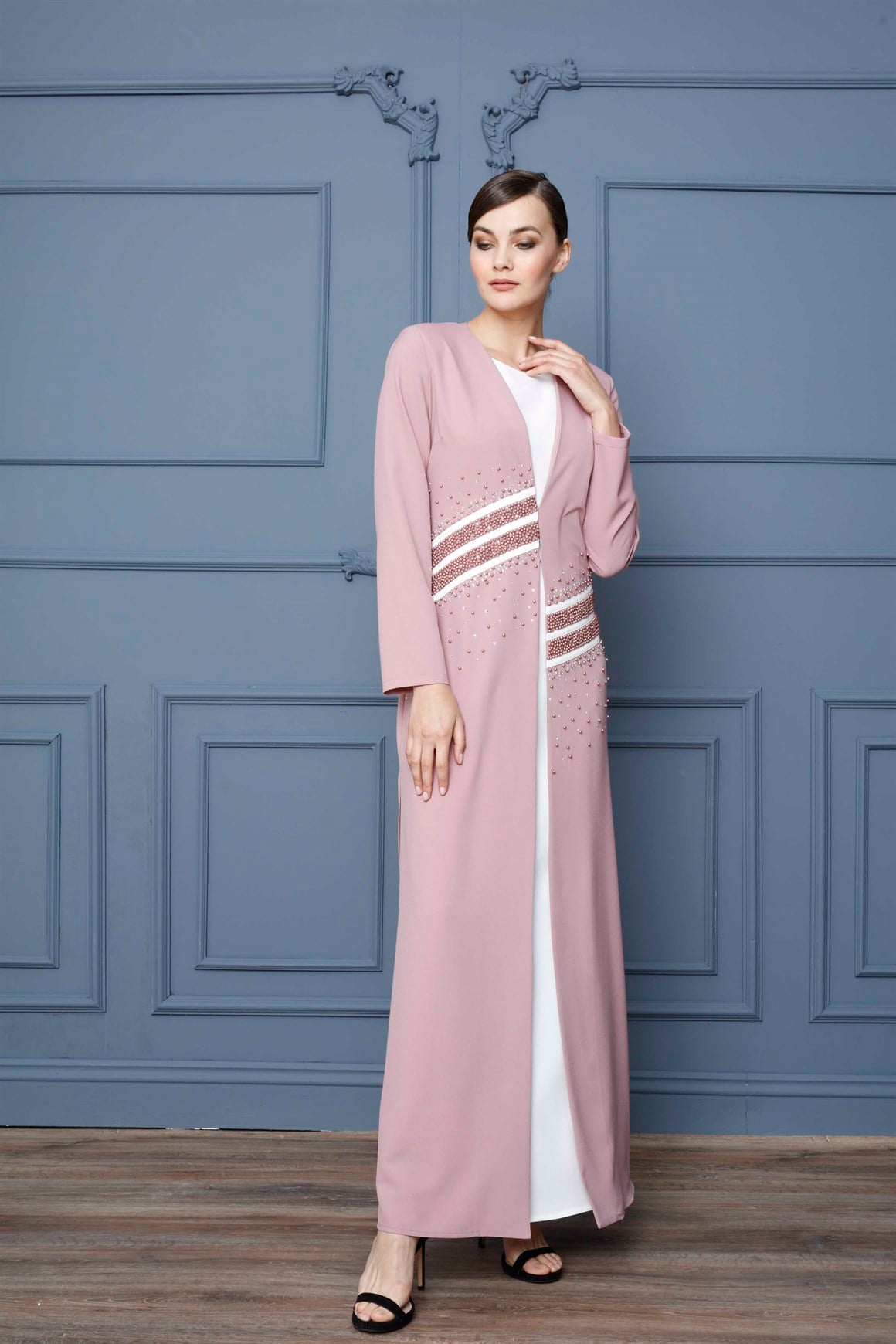 Pudra - 2'li Elbiseli Uzun Ceketli Taşlı Abiye Takım