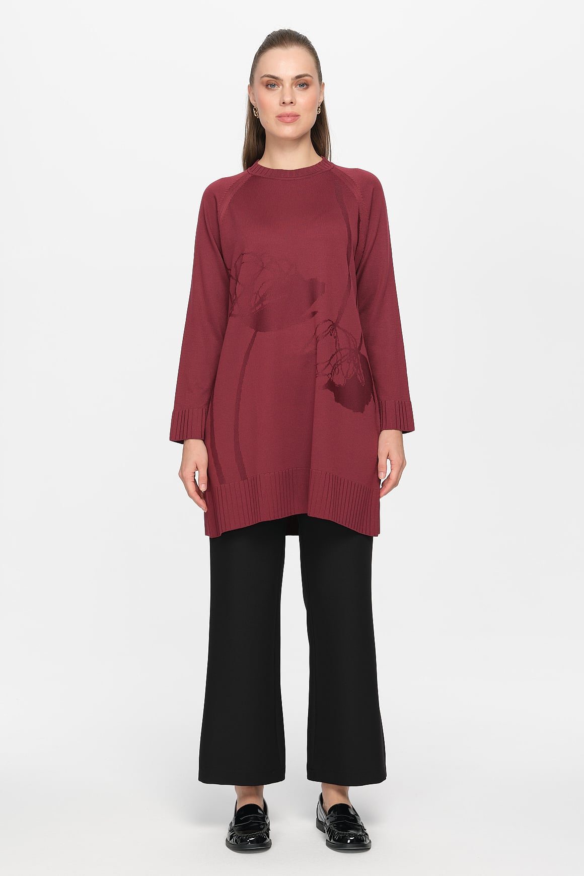Nakış Detaylı Raglan Kol Triko Tunik  Mürdüm