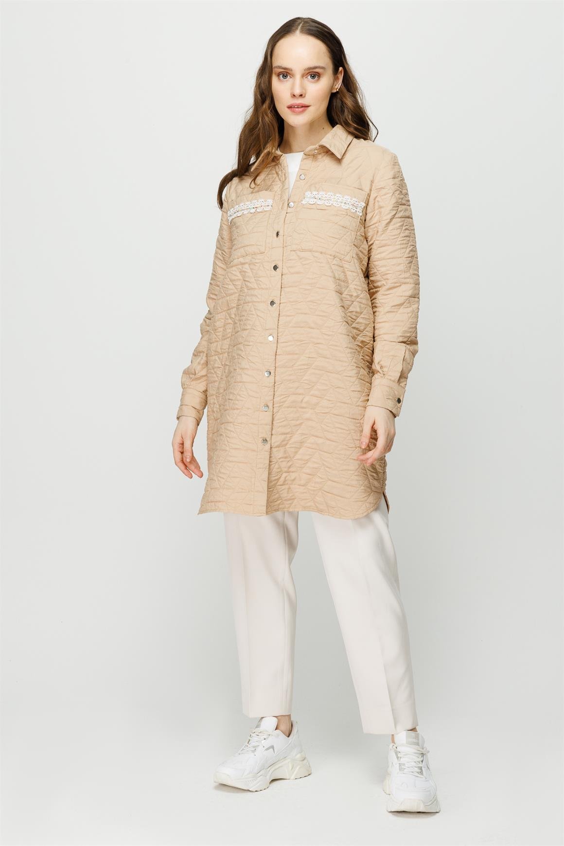 Hafif Kumaş Çift Cepli Fisto Detaylı Giy Çık Ceket  Camel