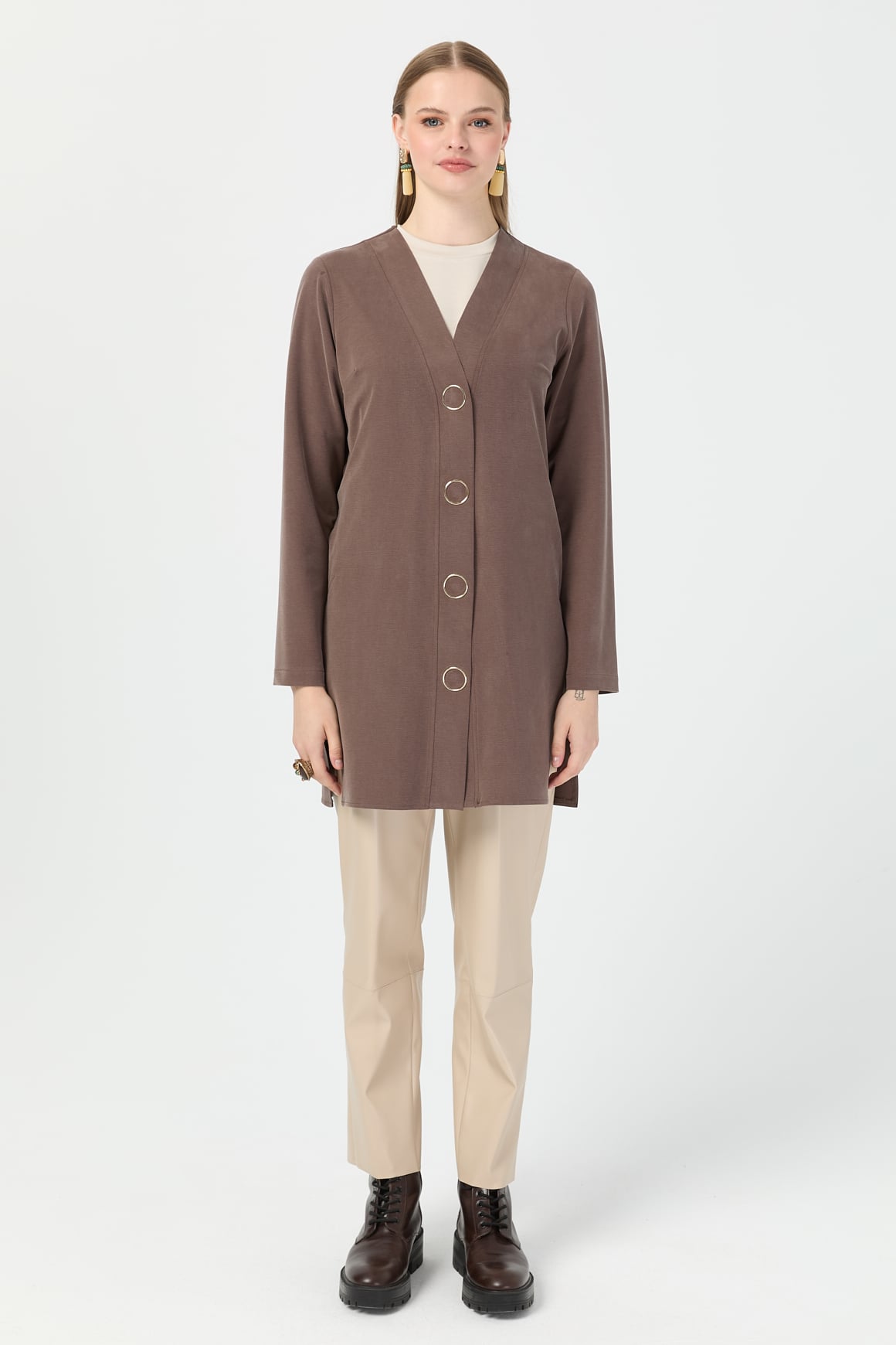 Halka Çıtçıtlı Hırka  Kahve