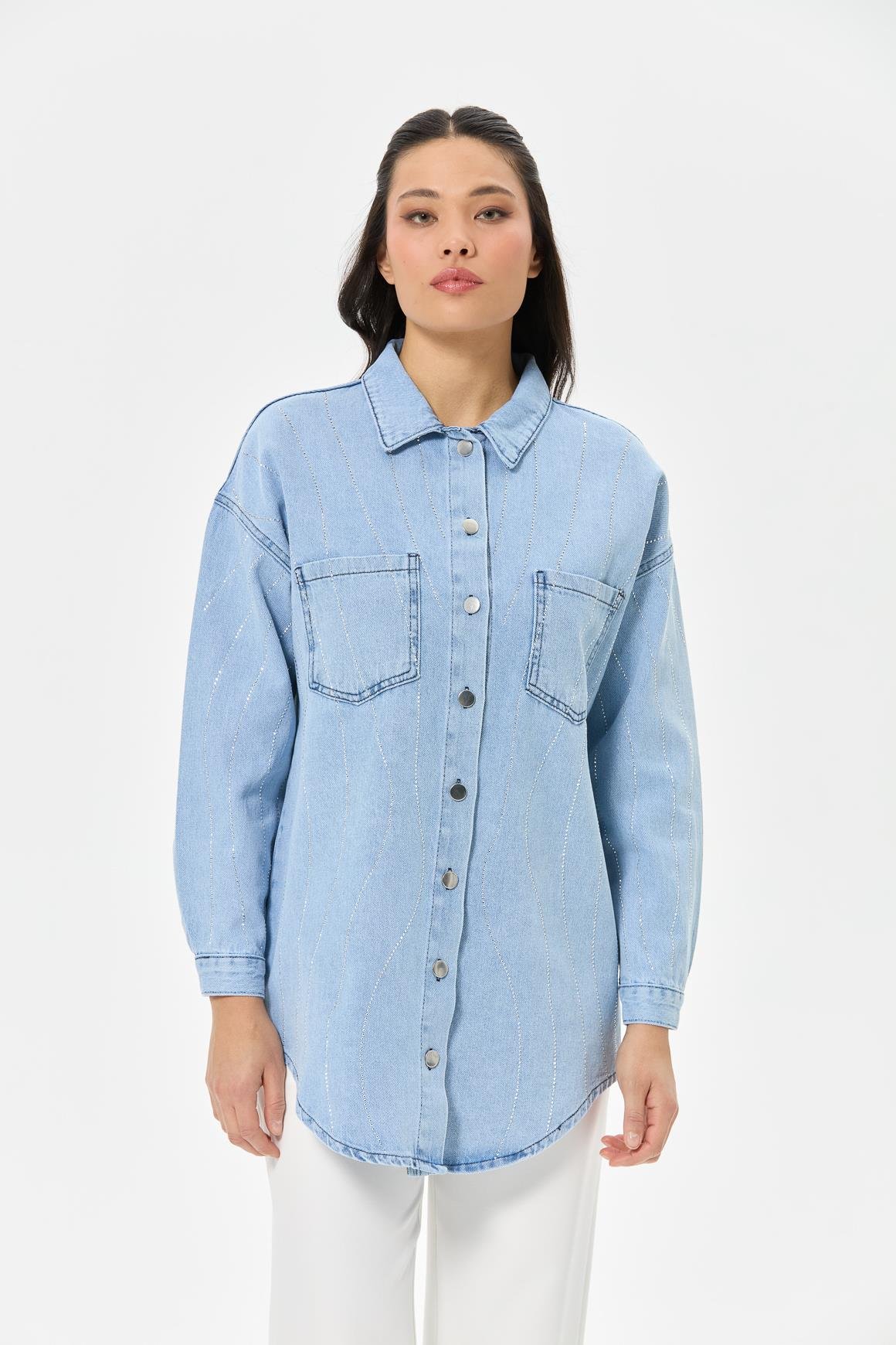 Taş İşli Çift Cep Kot Ceket  Mavi