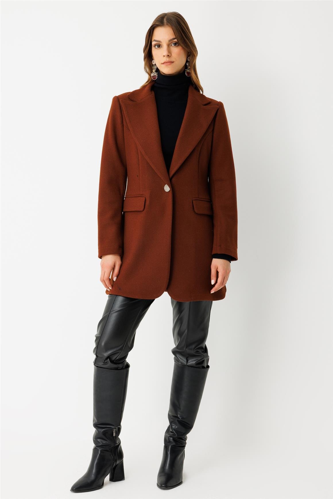 Tek Düğmeli Yün İçerikli Keçe Ceket  Kiremit