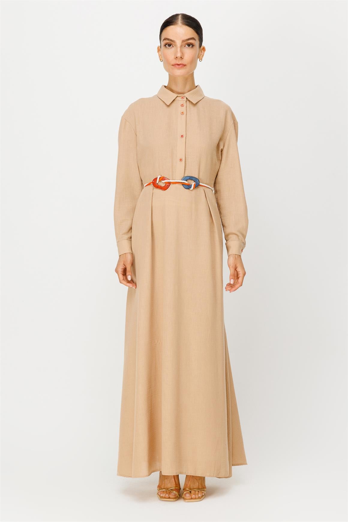 Hasır İp Kemerli Keten Elbise  Camel