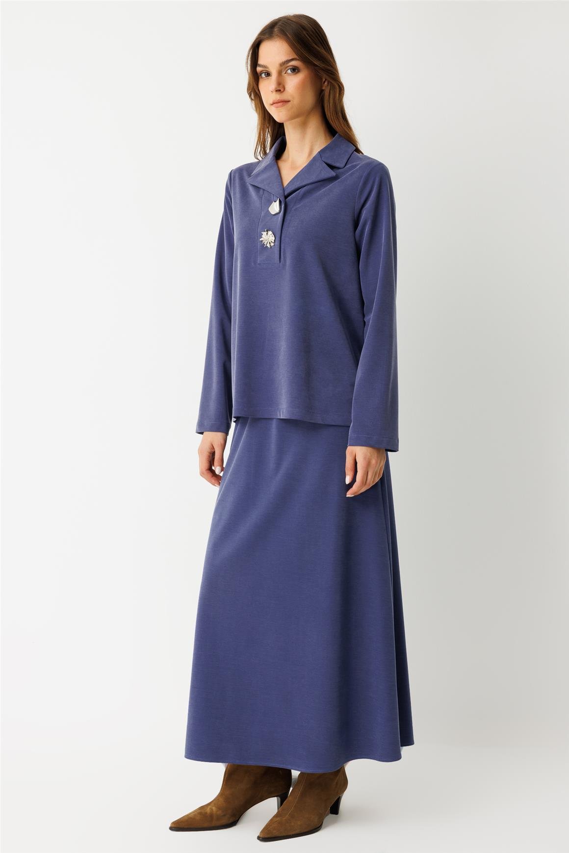 İri Düğmeli Etekli Takım  İndigo