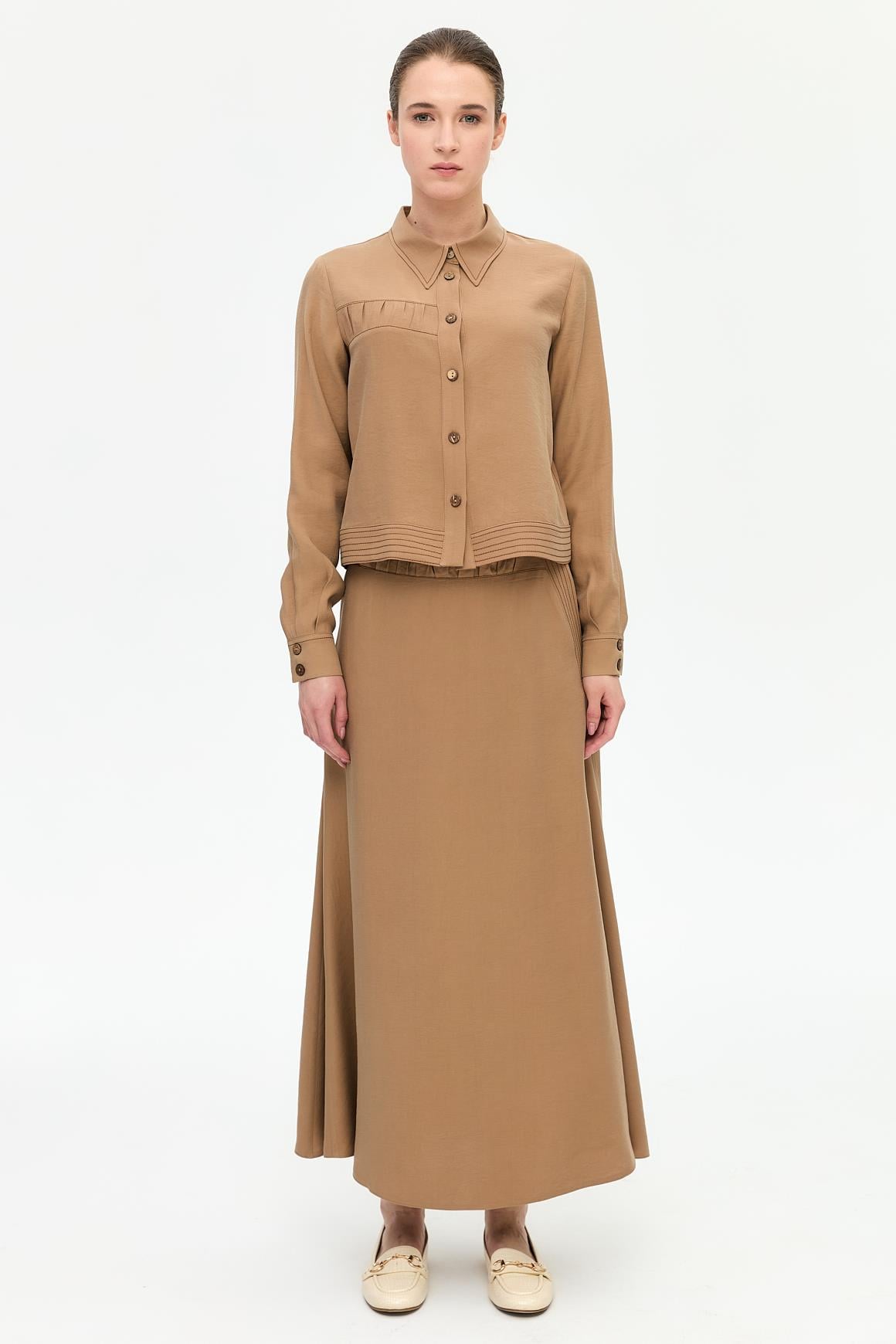 Keten Tencel Büzgü Detaylı Etekli Takım  Vizon