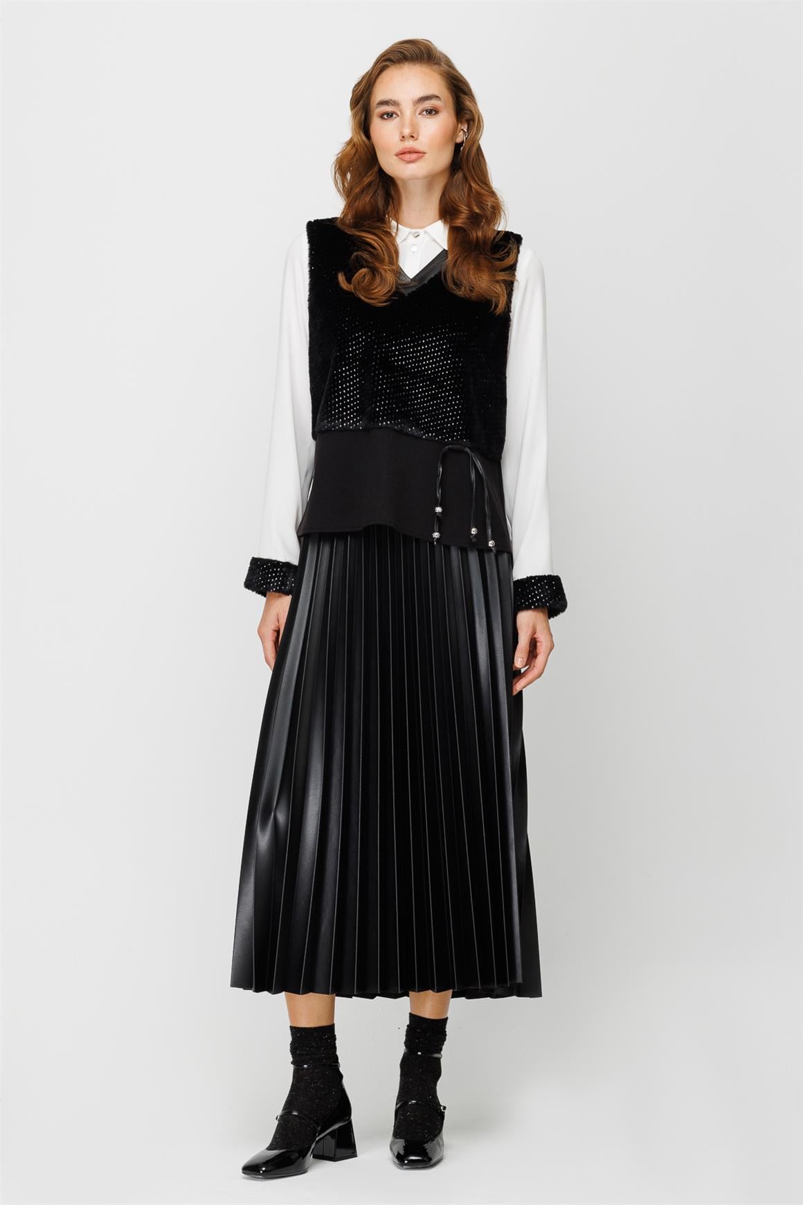 Kürk Süeter Detaylı Tunik Etek Süeter Takım  Siyah