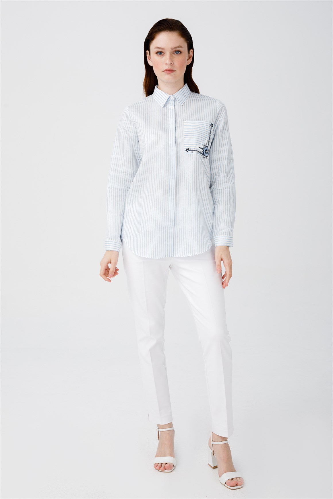 Sim Çizgili Cebi Taş İşli Gömlek  Mavi