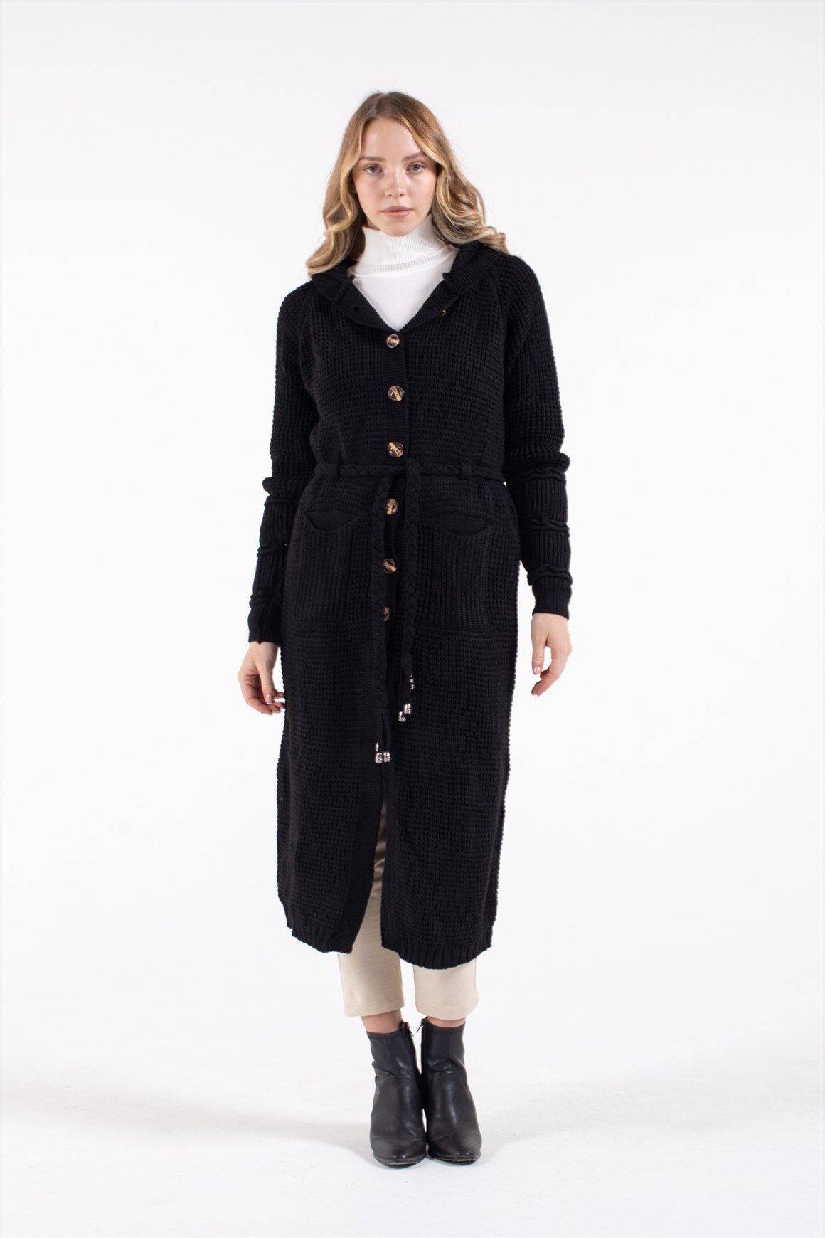 Belden Bağlamalı Çift Cepli Kapişonlu Uzun Hırka  Siyah