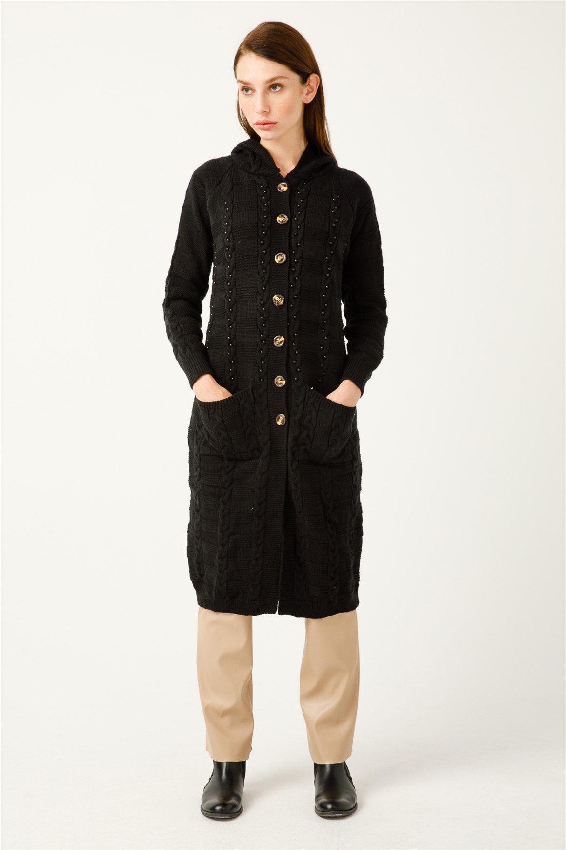 İnci Çakma Detaylı Önden Çift Cepli Uzun Hırka  Siyah