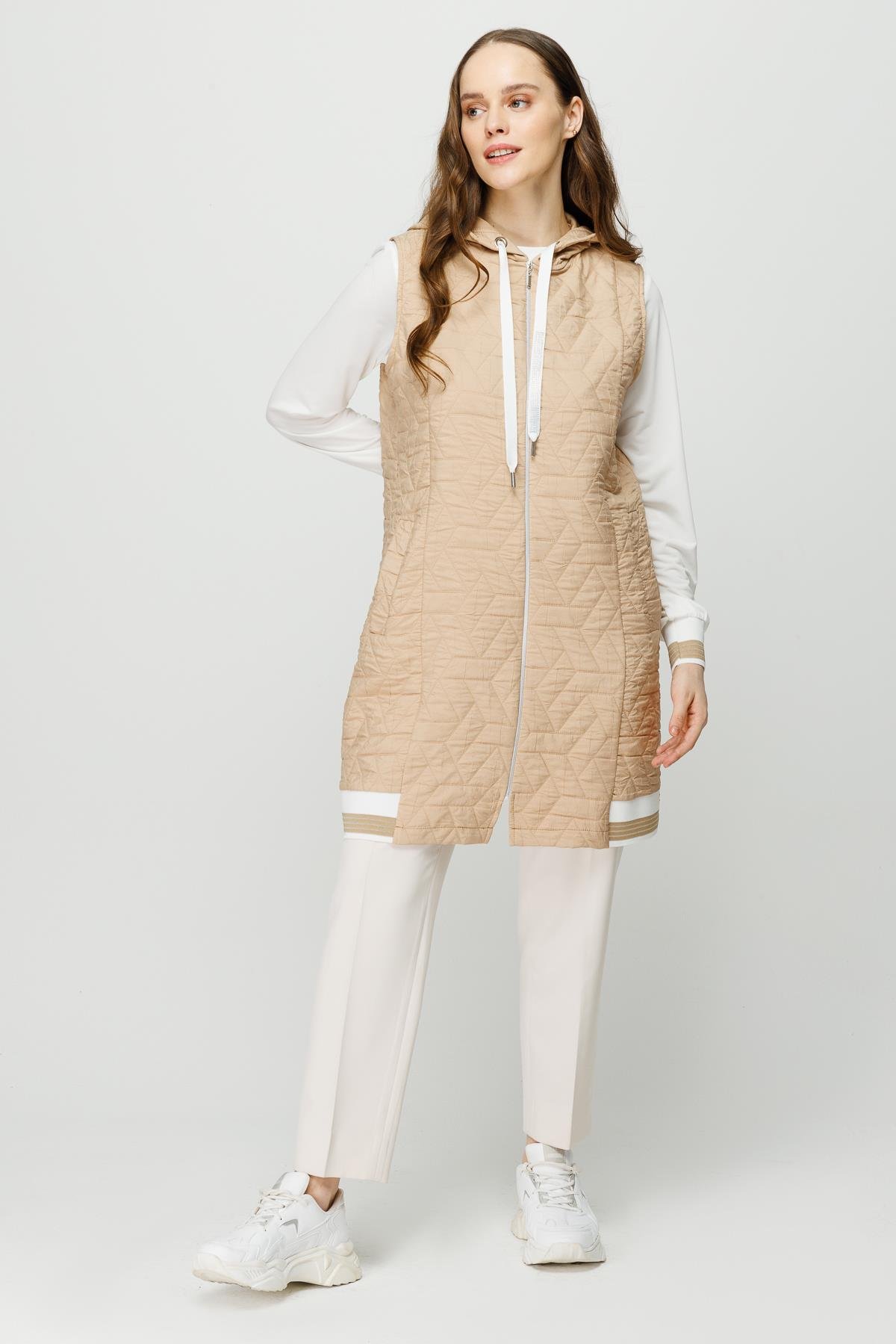 Kendinden Desenli Kapişonlu Yelek Tunik Takım  Vizon