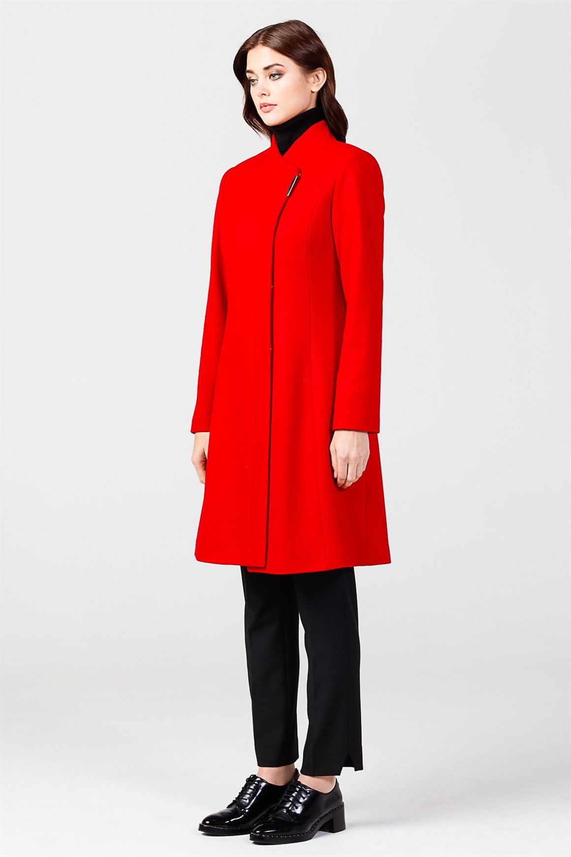 Kırmızı - Çıt Çıt Düğmeli Yakasız Kaban