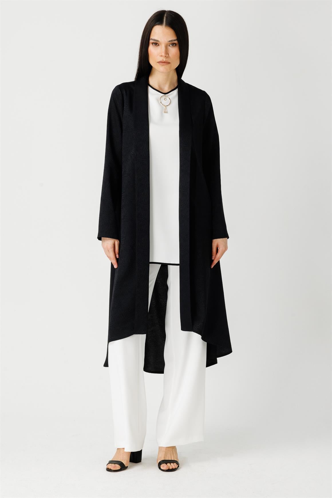 Desen Detaylı Bluz Kimono Pantolon Takım  Siyah