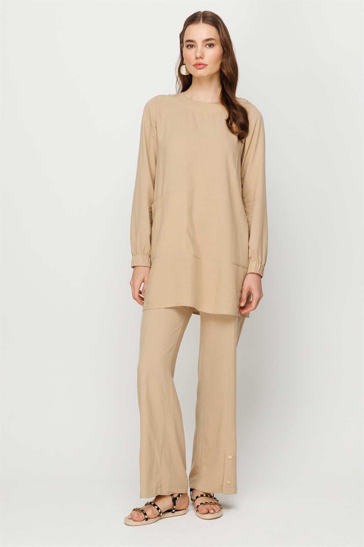 Doğal Kumaş Rahat Kullanımlı Pantolon Tunik Takım  Bej