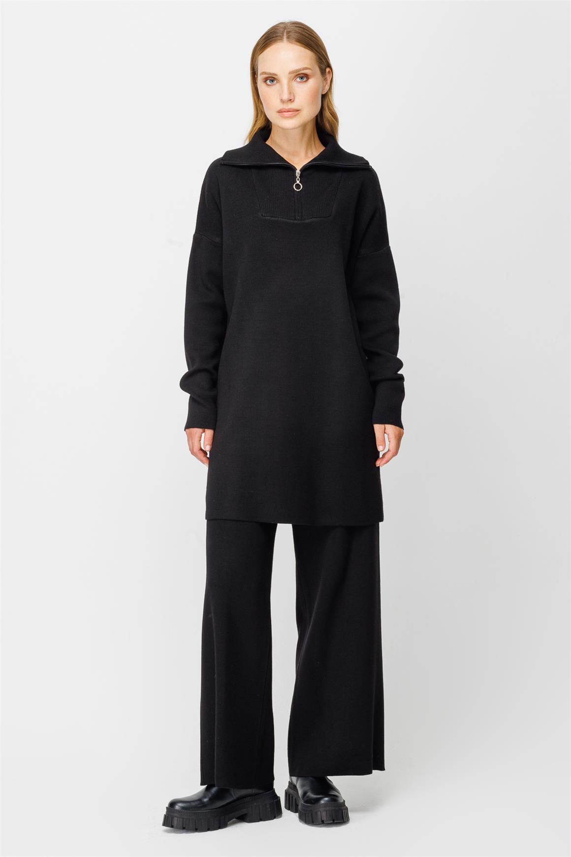 Fermuar Kapama Yakalı Triko Pantolonlu Takım  Siyah