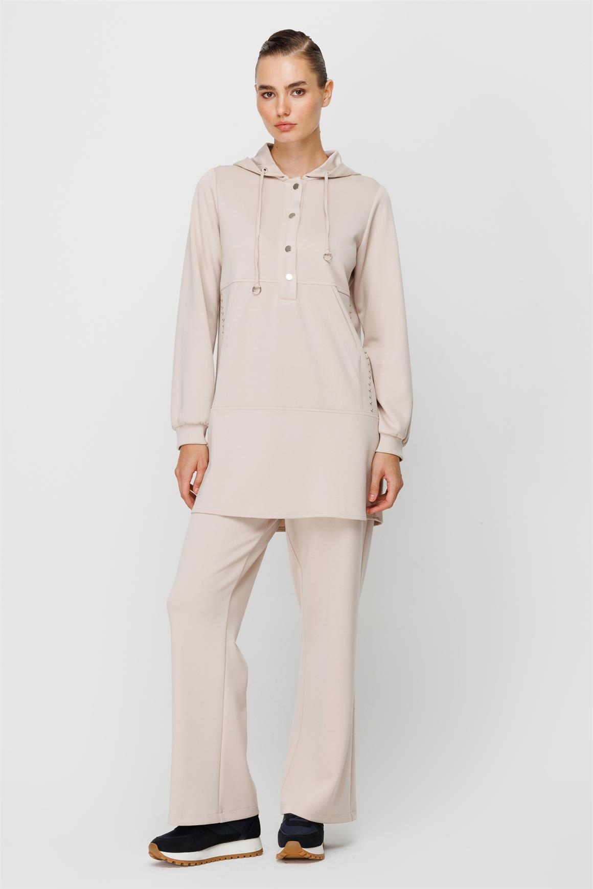 Kapişon ve Swarows Taş Detaylı Oysh Kumaş Tunik Pantolon Takım  Taş