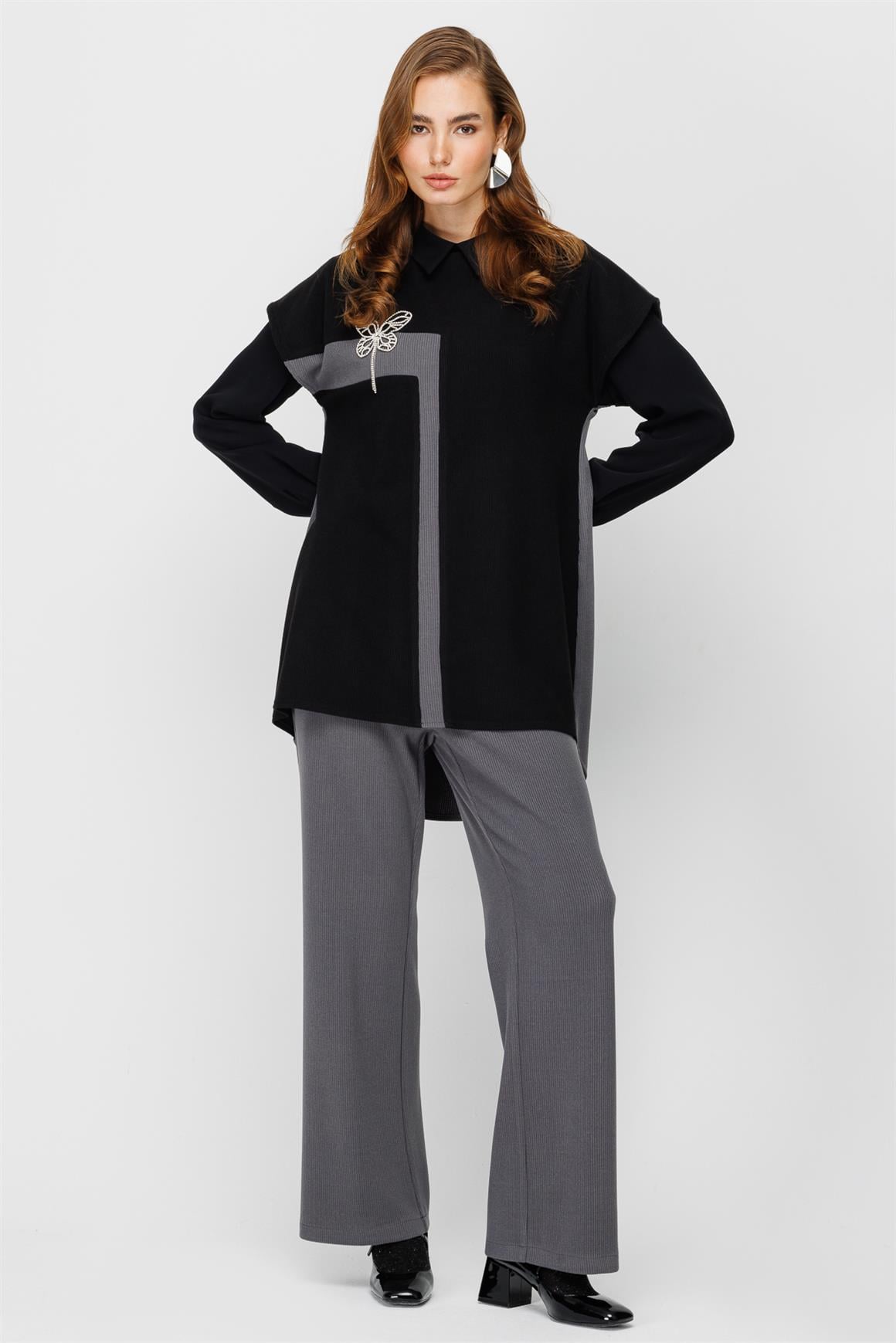 Kelebek Aksesuar Detaylı Üçlü Takım  Antrasit