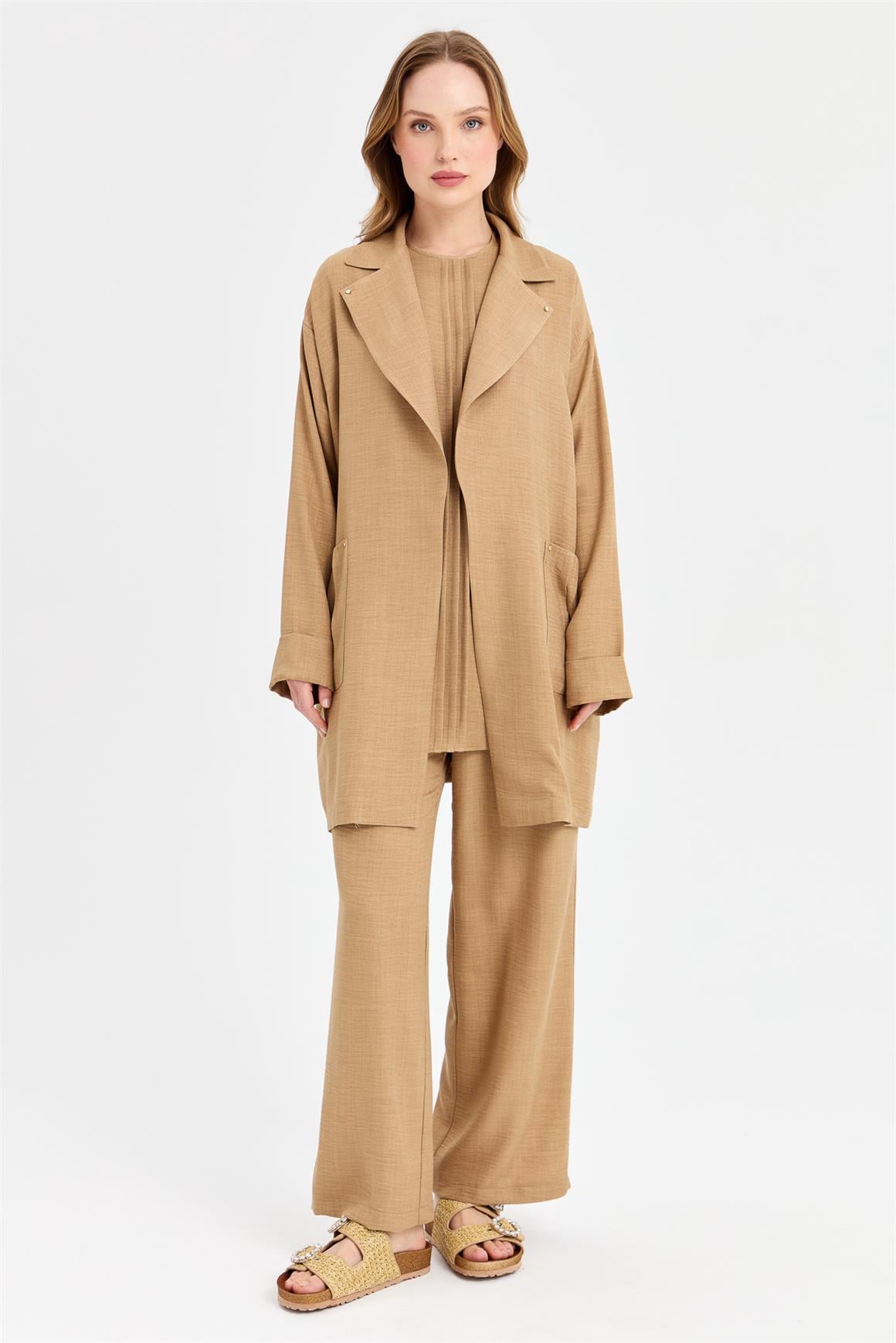 Kırma Detaylı Bluz Ceket Pantolon Takım  Camel