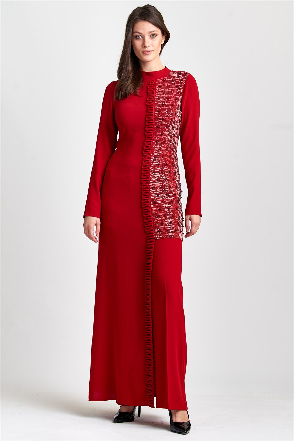 Kırmızı Asimetrik, Sol Beden Taşlı Hakim Yakalı Elbise