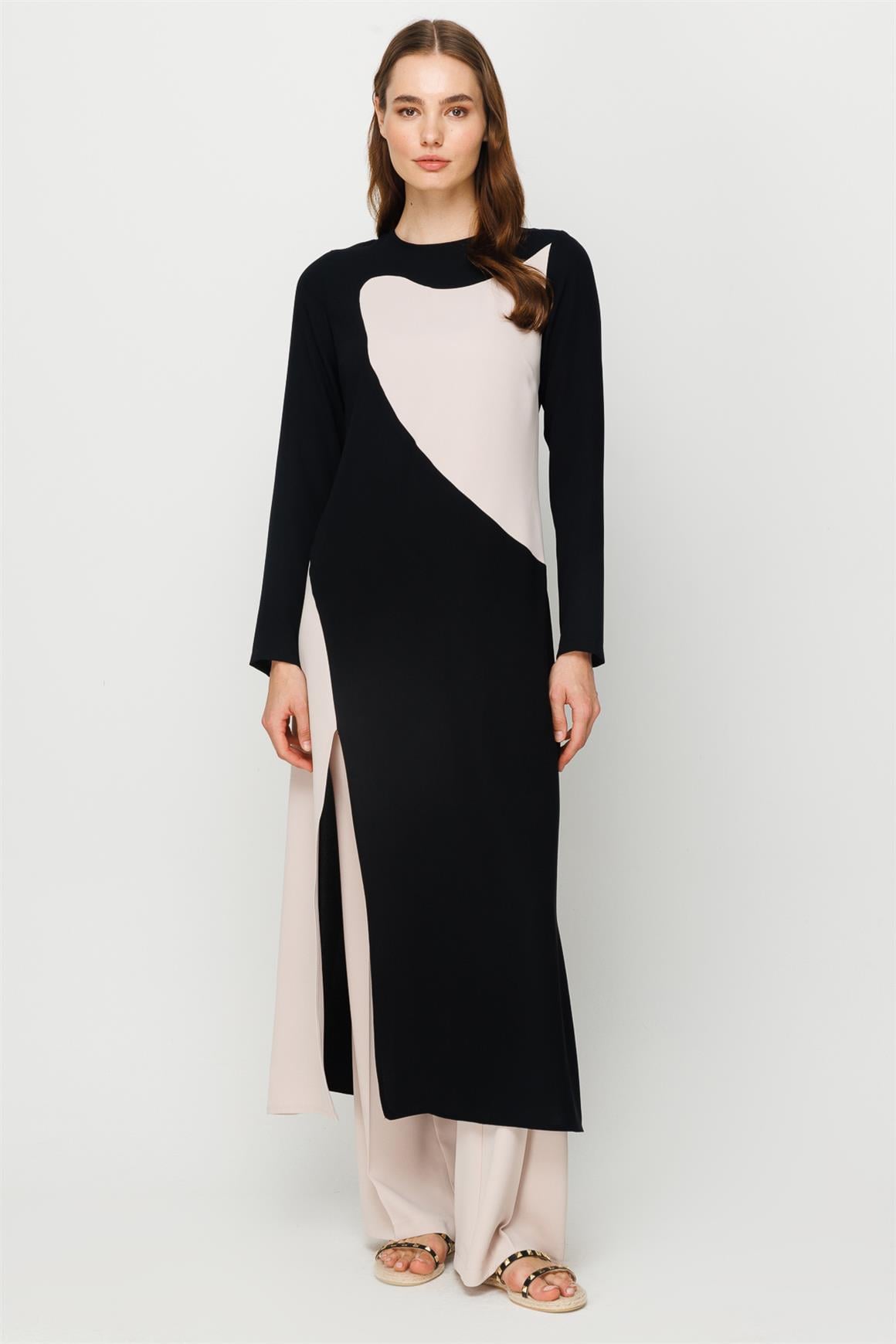 Renk Geçişli Yırtmaç Detaylı Pantolonlu Takım  Taş