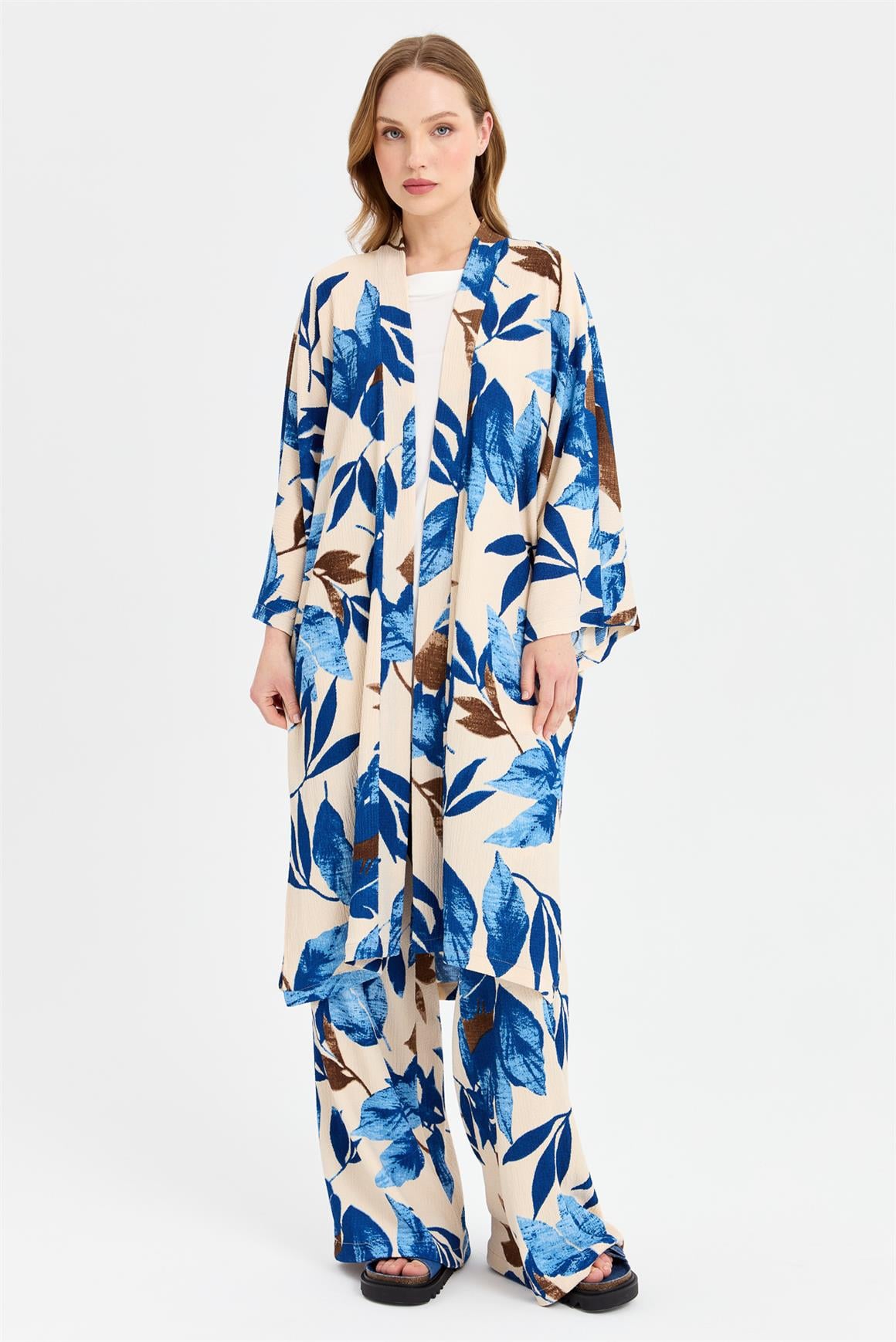 Sarmaşık Desen Baskılı Kimono Takım  Mavi