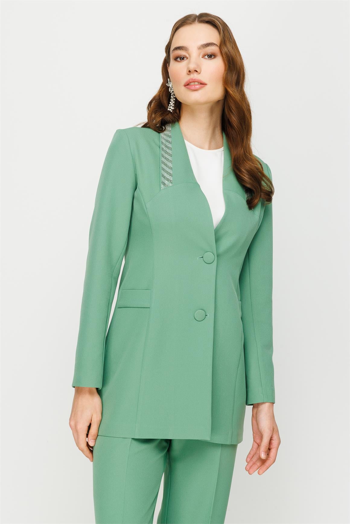 Taş Yapıştırma Detaylı Spor Ceket Pantolon Takım  Çağla