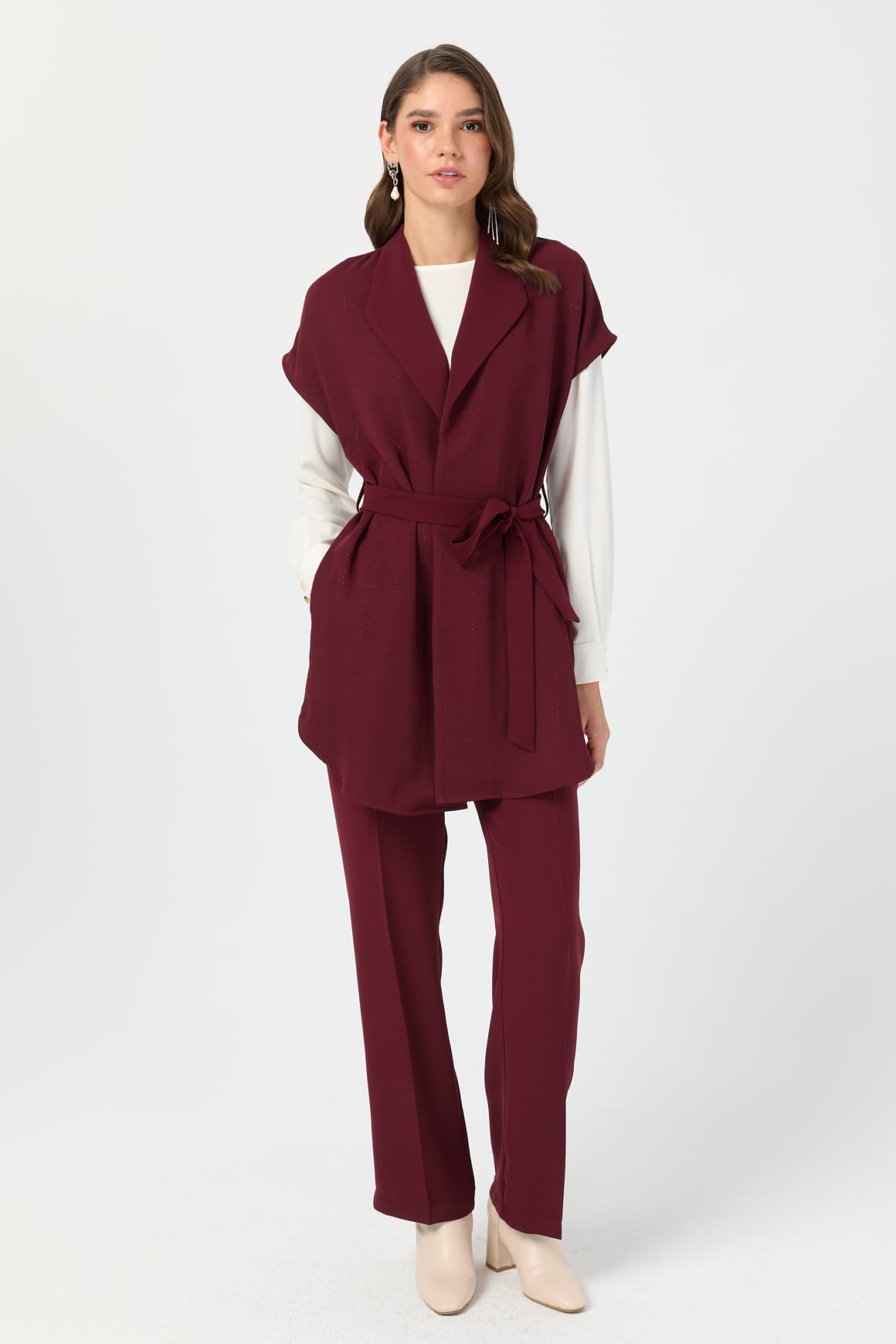Tunik Yelek Pantolon Takım  Bordo