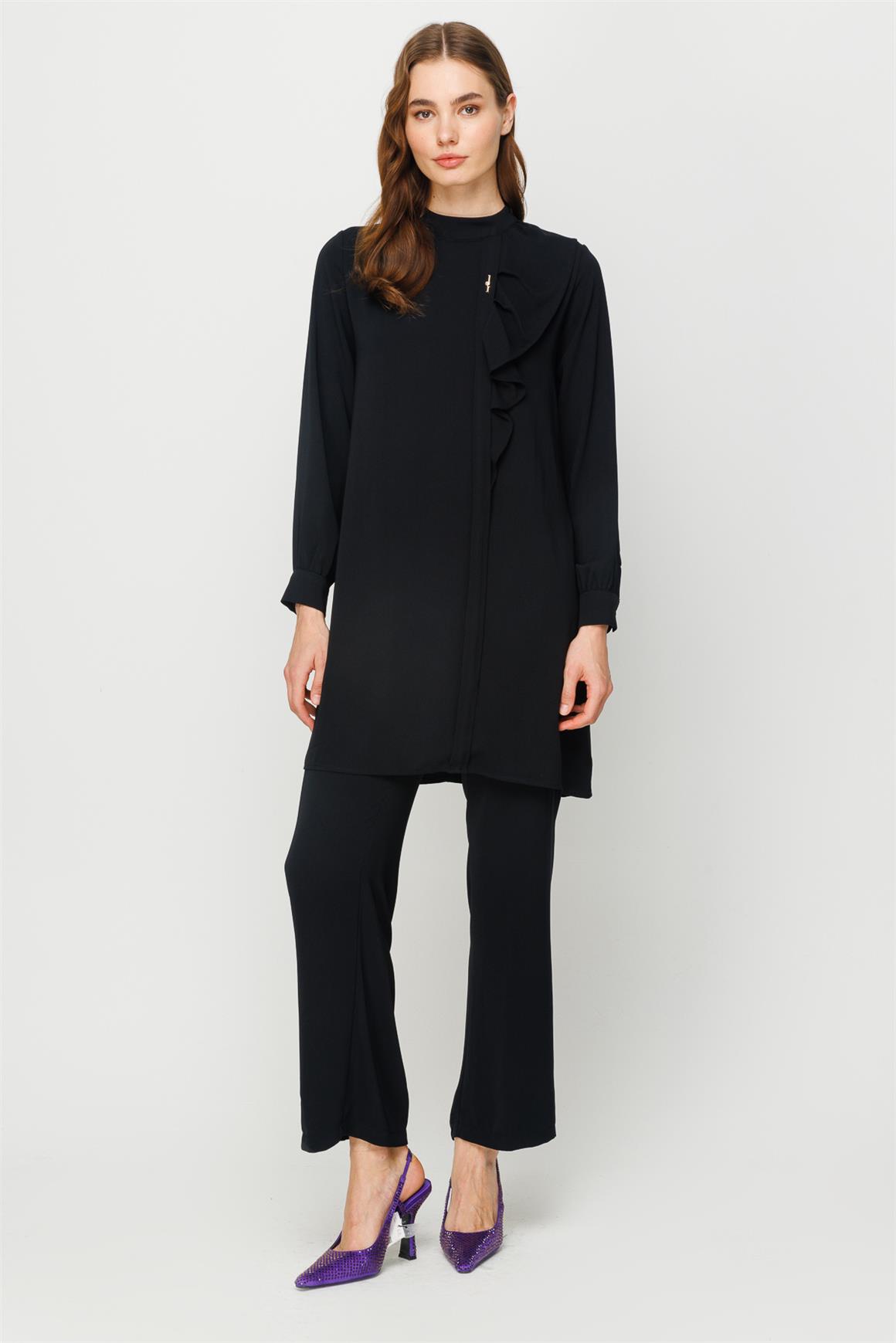 Volan Detaylı Pantolon Tunik Takım  Siyah