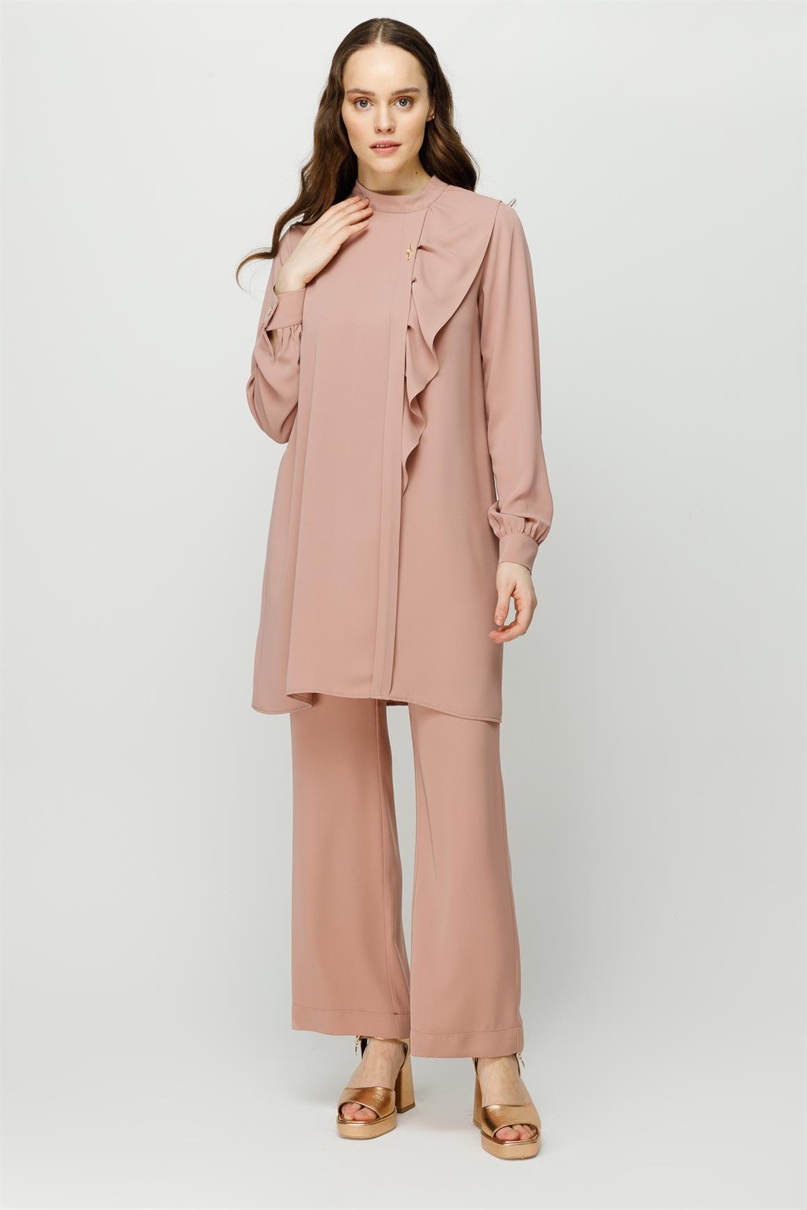 Volan Detaylı Pantolon Tunik Takım  Pudra
