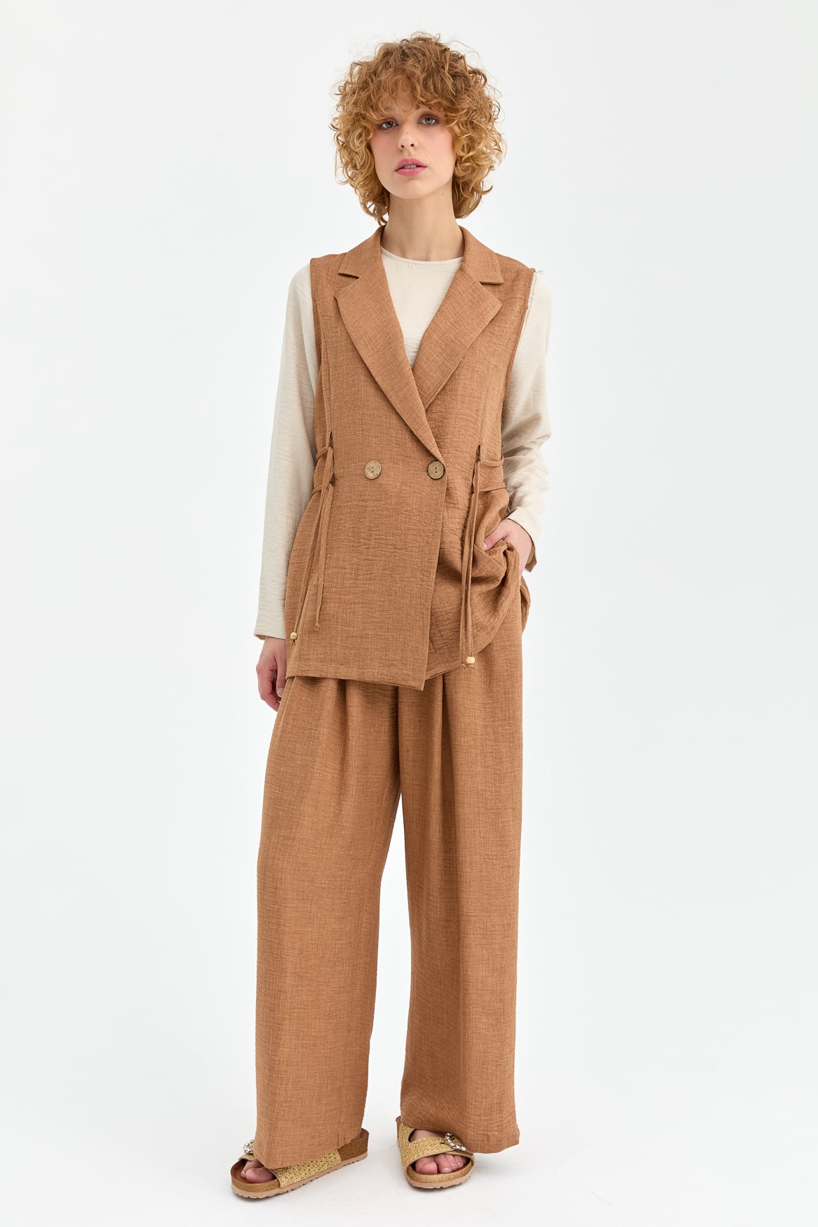 Yelek Bluz Pantolon Takım  Camel