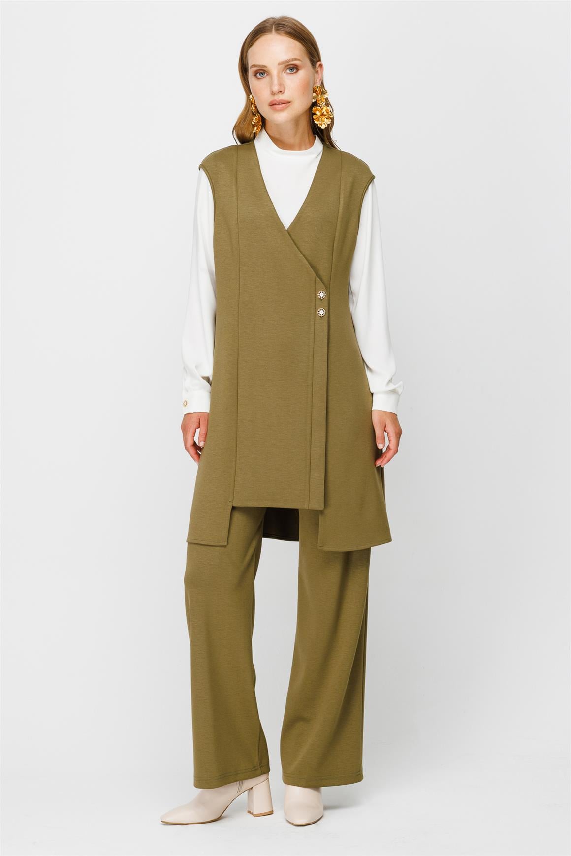 Yumuşak Kumaş Yelek Pantolon Bluz Takım  Haki