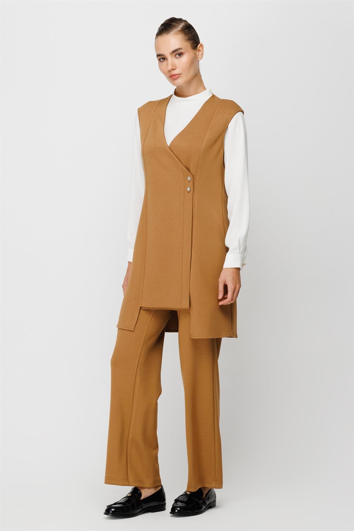 Yumuşak Kumaş Yelek Pantolon Bluz Takım  Camel