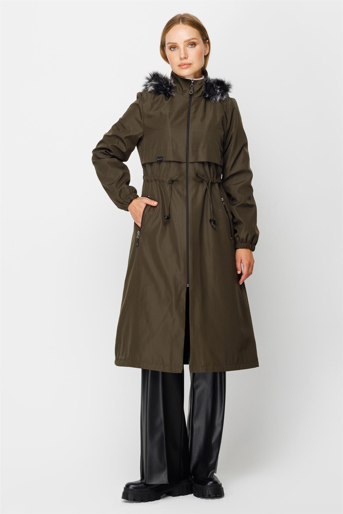 Dikiş Detaylı Ara Boy Parka  Haki