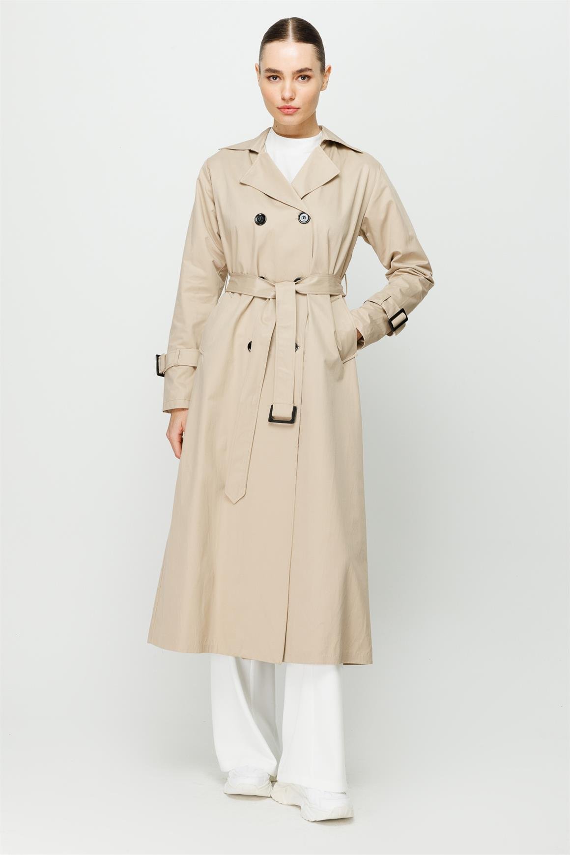 Reglan Kollu Kruvaze Kapamalı Trençkot  Bej