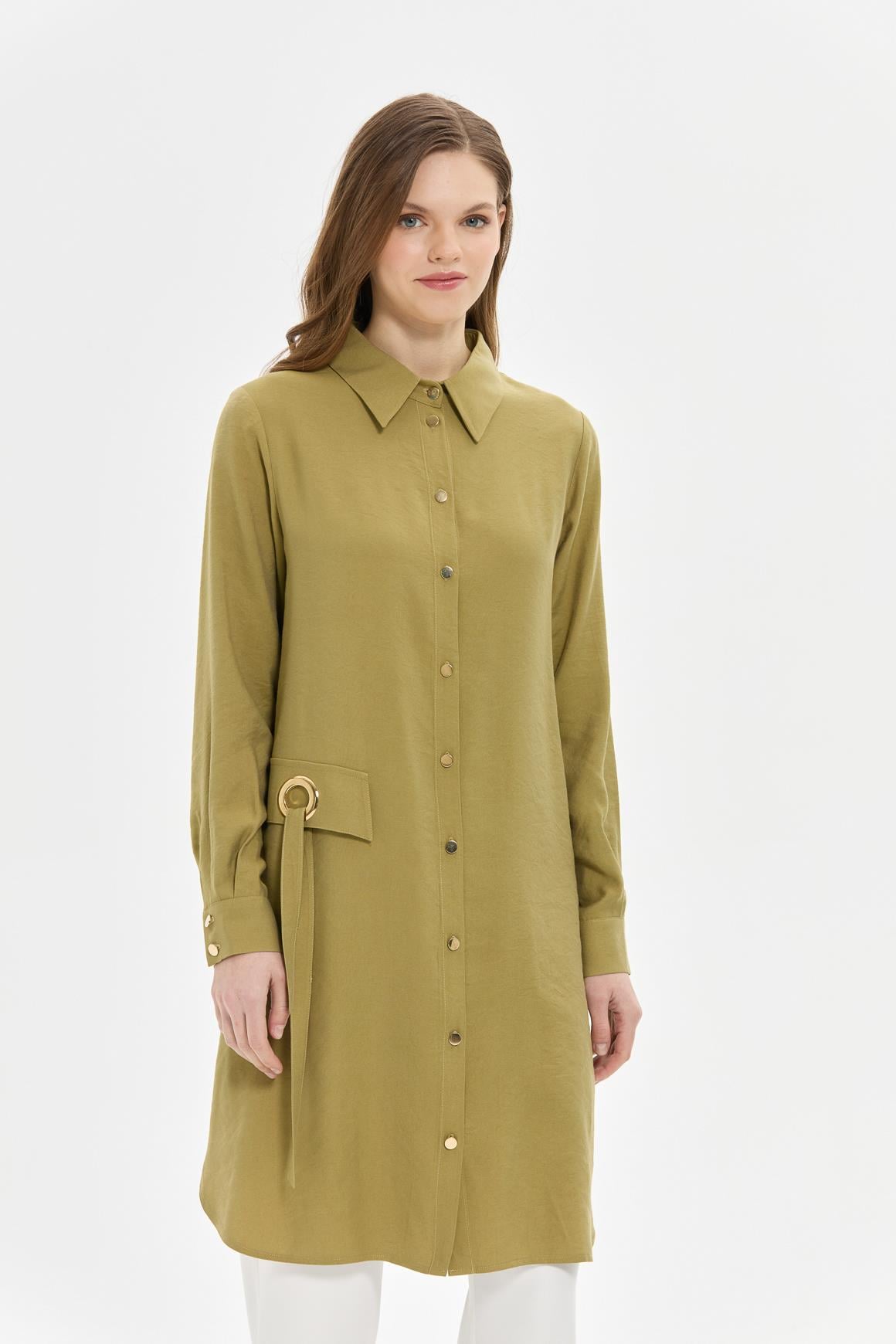 Altın Halka Detaylı Tencel Tunik  Haki