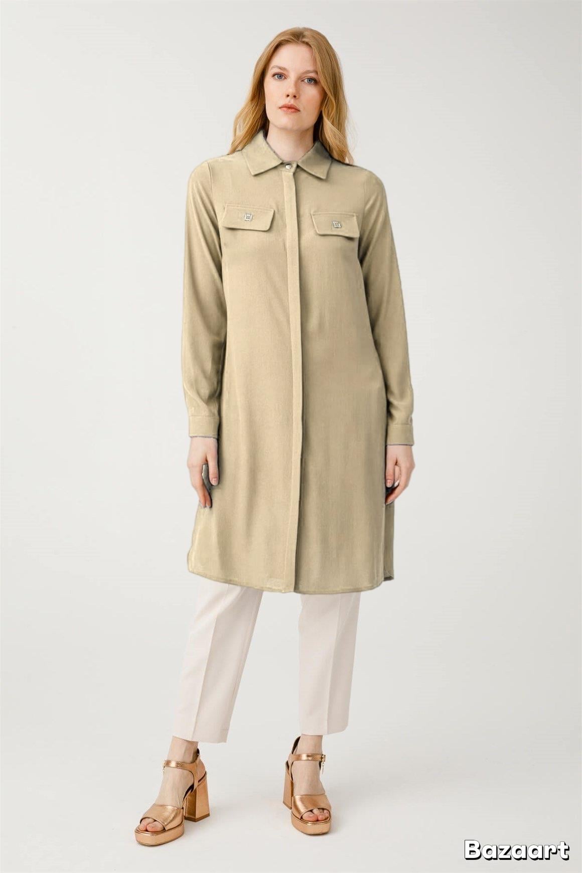 Çift Cepli Cep Üzeri Aksesuarlı Uzun Tunik  Taş